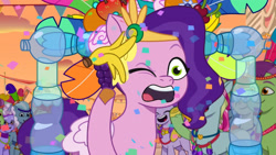 Size: 3072x1727 | Tagged: safe, screencap, autumn skies, clapboard snap, dreamy (g5), elderberry blossom, pipp petals, silver swing, earth pony, pegasus, pony, unicorn, g5, heavy is the mane that wears the fruit crown, my little pony: tell your tale, spoiler:g5, spoiler:my little pony: tell your tale, spoiler:tyts02e02, banana, eyes closed, female, food, male, mare, one eye closed, open mouth, open smile, smiling, solo focus, stallion