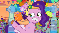 Size: 3072x1727 | Tagged: safe, screencap, autumn skies, clapboard snap, dreamy (g5), elderberry blossom, pipp petals, silver swing, earth pony, pegasus, pony, unicorn, g5, heavy is the mane that wears the fruit crown, my little pony: tell your tale, spoiler:g5, spoiler:my little pony: tell your tale, spoiler:tyts02e02, eyebrows, female, frown, male, mare, open mouth, open smile, raised eyebrow, smiling, solo focus, stallion