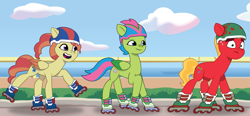 Size: 2911x1350 | Tagged: safe, artist:prixy05, autumn skies, luminous dazzle, sprout cloverleaf, earth pony, pegasus, pony, g5, my little pony: tell your tale, female, helmet, i can't believe it's not hasbro studios, male, mare, roller skates, skates, stallion