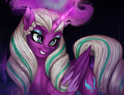 Size: 1280x985 | Tagged: safe, artist:oniiponii, opaline arcana, alicorn, pony, g5, eyeshadow, female, glowing, glowing horn, grin, horn, magic, makeup, mare, smiling, solo