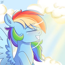 Size: 1280x1280 | Tagged: safe, artist:galaxy swirl, rainbow dash, pegasus, pony, g4, crepuscular rays, eyebrows, eyebrows visible through hair, female, mare, sky, solo, spread wings, wings