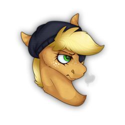 Size: 2300x2300 | Tagged: safe, artist:molars, applejack, earth pony, g4, bust, chest fluff, commission, demoman, demoman (tf2), ears back, eyepatch, fabric, freckles, green eyes, grumpy, hat, portrait, rendered, short mane, simple background, solo, team fortress 2, transparent background