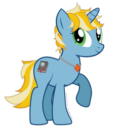 Size: 1979x2086 | Tagged: safe, artist:hazel bloons, derpibooru exclusive, oc, oc only, oc:sunny dawn, pony, unicorn, blue coat, female, green eyes, horn, jewelry, looking at you, necklace, raised leg, simple background, smiling, solo, standing, tail, transparent background, yellow mane, yellow tail