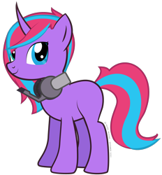 Size: 1938x2086 | Tagged: safe, artist:hazel bloons, oc, oc only, unicorn, 2023, female, headset, heterochromia, looking at you, mare, purple coat, signature, simple background, solo, standing, tail, transparent background, two toned mane, two toned tail, vector