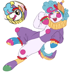 Size: 1000x1000 | Tagged: safe, artist:kazmuun, idw, ponyacci, pony, g4, beanbrows, cheek fluff, clothes, clown, clown makeup, ear fluff, eyebrows, eyeshadow, hat, jumpsuit, makeup, male, one eye closed, open mouth, open smile, ruff (clothing), simple background, smiling, solo, stallion, transparent background, wink, yellow eyes