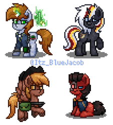 Size: 1100x1220 | Tagged: safe, edit, oc, oc only, oc:calamity, oc:littlepip, oc:red eye, oc:velvet remedy, earth pony, pegasus, pony, unicorn, ashes town, fallout equestria, pony town, clothes, cowboy hat, female, flying, gun, handgun, hat, jumpsuit, levitation, little macintosh, magic, male, mare, pipbuck, revolver, simple background, stallion, telekinesis, transparent background, vault suit, weapon, wings