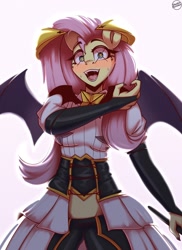 Size: 2000x2750 | Tagged: safe, artist:shadowreindeer, fluttershy, bat pony, anthro, g4, anime, bat ponified, blushing, clothes, cosplay, costume, crossover, flutterbat, gushing over magical girls, long nails, looking at you, open mouth, open smile, race swap, sadism, smiling, spread wings, sweat, utena hiiragi, wide eyes, wings