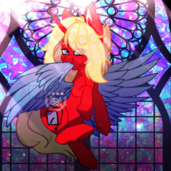 Size: 1000x1000 | Tagged: safe, artist:rosebutterfly014, oc, oc only, alicorn, pony, covering, flying, glare, light, stained glass, wing covering, wings