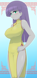 Size: 2614x5500 | Tagged: safe, alternate version, artist:batipin, maud pie, human, equestria girls, g4, big breasts, breasts, busty maud pie, cheongsam, chinese dress, clothes, dress, female, gradient background, multiple variants, side slit, solo, total sideslit