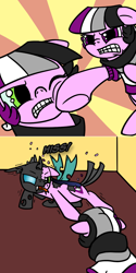 Size: 800x1602 | Tagged: safe, artist:thedragenda, oc, oc:ace, oc:bee, changeling, earth pony, ask-acepony, comic, disguise, disguised changeling, female, hissing, mare, punch, self paradox, self ponidox, tongue out