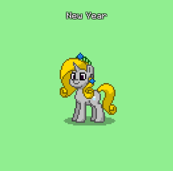 Size: 391x387 | Tagged: safe, oc, oc only, oc:new year, pony, unicorn, pony town, 2024, crown, ear piercing, earring, glass, gold mane, gold tail, green background, happy new year, holiday, holiday pony, horn, jewelry, new year, new years eve, piercing, regalia, silver fur, simple background, unicorn oc