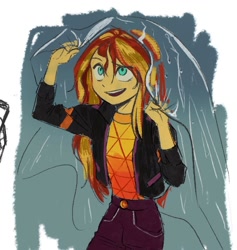 Size: 948x1000 | Tagged: safe, artist:tttthunderbolt, sunset shimmer, human, equestria girls, g4, clothes, female, jacket, not fiery shimmer, open mouth, pants, smiling, solo