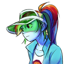 Size: 1250x1088 | Tagged: safe, artist:tttthunderbolt, rainbow dash, human, equestria girls, g4, beautiful, beautiful eyes, blue skin, bust, cap, clothes, hat, jacket, multicolored hair, music festival outfit, ponytail, rainbow hair, simple background, solo, tomboy, visor, white background