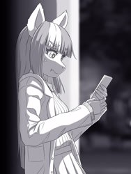 Size: 1200x1600 | Tagged: safe, artist:symbianl, twilight sparkle, anthro, g4, :t, cellphone, cross-popping veins, emanata, eyebrows, eyebrows visible through hair, female, grayscale, monochrome, phone, smartphone, solo, wavy mouth