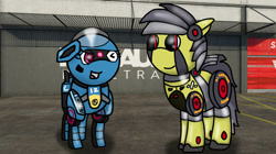 Size: 750x421 | Tagged: safe, artist:foxfer64_yt, oc, oc only, oc:air razor (x1f), oc:thunder (gp.r 64000 robot pony), original species, pony, robot, robot pony, looking at each other, looking at someone, one eye closed, photo, talking, wink