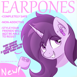 Size: 2248x2244 | Tagged: safe, artist:czu, oc, oc only, oc:czupone, pony, unicorn, advertisement, bust, ear fluff, earbuds, grin, smiling, solo, text