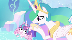 Size: 1000x563 | Tagged: safe, edit, edited screencap, editor:incredibubbleirishguy, screencap, princess celestia, princess flurry heart, alicorn, pony, g4, the crystalling, aunt and niece, baby, baby alicorn, baby pony, concave belly, crown, cute, diaper, diapered, duo, ethereal mane, eyelashes, eyes open, female, filly, flurrybetes, foal, folded wings, grandaunt, grandaunt and grandniece, grandniece, head rub, hoof shoes, horn, indoors, jewelry, long horn, long mane, looking at each other, looking at someone, mare, newborn baby flurry heart, peytral, princess, princess shoes, raised hoof, regalia, size difference, slender, thin, wings