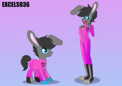 Size: 986x697 | Tagged: safe, artist:excelso36, oc, oc only, oc:toxic plunge, human, pony, bunny ears, fetish, gradient background, human ponidox, humanized, hypnosis, hypnotized, latex, latex suit, rubber, rubber suit, rubbing, self paradox, self ponidox