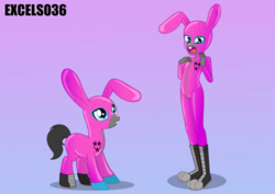 Size: 986x697 | Tagged: safe, artist:excelso36, oc, oc only, oc:toxic plunge, human, pony, equestria girls, g4, bunny ears, fetish, gradient background, human ponidox, latex, latex suit, rubber, rubber suit, rubbing, self paradox, self ponidox
