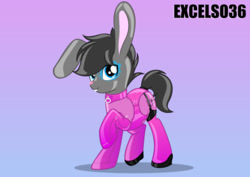 Size: 1122x793 | Tagged: safe, artist:excelso36, oc, oc only, oc:toxic plunge, bunny ears, fetish, gradient background, hypnosis, hypnotized, latex, latex suit, rubber, rubber suit, solo