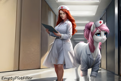 Size: 3072x2048 | Tagged: safe, ai assisted, ai content, artist:emptyplotfiller, nurse redheart, oc, oc:becky, earth pony, human, fanfic:crossing the trixie bridge:a new life in the crystal empire, g4, hat, nurse, nurse hat, nurse outfit, ponyville hospital