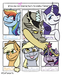 Size: 1668x2018 | Tagged: safe, artist:theedgyduck, applejack, derpy hooves, discord, rainbow dash, rarity, twilight sparkle, draconequus, earth pony, pegasus, pony, unicorn, g4, :p, big crown thingy, breaking the fourth wall, crown, discord being discord, element of magic, jewelry, reaching, regalia, six fanarts, tongue out