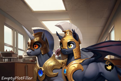 Size: 3072x2048 | Tagged: safe, ai assisted, ai content, artist:emptyplotfiller, bat pony, unicorn, fanfic:crossing the trixie bridge:a new life in the crystal empire, male, night guard, ponyville hospital, stallion