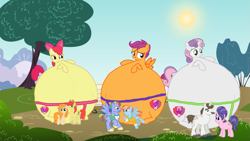 Size: 1079x609 | Tagged: safe, artist:simonstudio587, apple bloom, bow hothoof, bright mac, cookie crumbles, hondo flanks, pear butter, scootaloo, sweetie belle, windy whistles, earth pony, pegasus, pony, unicorn, g4, 1000 years in photoshop, adopted, adopted daughter, adopted offspring, apple bloom's bow, bow, father and child, father and daughter, female, filly, foal, grin, hair bow, headcanon, huge, inflation, male, mare, mother and child, mother and daughter, open mouth, open smile, parent:bow hothoof, parent:bright mac, parent:cookie crumbles, parent:hondo flanks, parent:pear butter, parent:windy whistles, parents:cookieflanks, parents:pearmac, parents:windyhoof, scootadoption, smiling, spherical inflation, spread wings, stallion, story included, sumo, wings