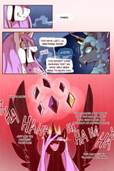 Size: 960x1440 | Tagged: safe, artist:cold-blooded-twilight, nightmare moon, princess celestia, princess luna, alicorn, pony, comic:cold storm, g4, blood, comic, dialogue, element of generosity, element of honesty, element of kindness, element of laughter, element of loyalty, element of magic, elements of harmony, glowing, glowing eyes, pink-mane celestia, shivering, speech bubble