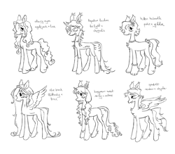 Size: 2048x1794 | Tagged: safe, artist:webkinzworldz, oc, oc only, oc:honeymoon sweet, oc:kitten caboodle, oc:olive branch, oc:spindrift, oc:starry eyes, oc:tapetum lucidum, changepony, earth pony, griffequus, griffon, hippogriff, hybrid, pegasus, pony, unicorn, g4, beanie, black and white, bow, bracelet, butt fluff, chest fluff, closed mouth, cute, cute little fangs, ear fluff, ear piercing, ear tufts, earring, earth pony oc, fangs, grayscale, group, hairband, hat, horn, interspecies offspring, jewelry, leonine tail, lidded eyes, lineart, long description, magical lesbian spawn, monochrome, necklace, next generation, offspring, parent:applejack, parent:fluttershy, parent:gilda, parent:pinkie pie, parent:princess cadance, parent:princess luna, parent:princess skystar, parent:queen chrysalis, parent:rainbow dash, parent:rarity, parent:trixie, parent:twilight sparkle, parents:dashstar, parents:gildapie, parents:lunajack, parents:raridance, parents:trixieshy, parents:twisalis, paws, pegasus oc, piercing, pigtails, sextet, simple background, smiling, spread wings, standing, tail, tail bow, unicorn oc, unshorn fetlocks, white background, wings
