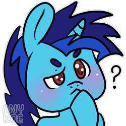 Size: 1024x1024 | Tagged: safe, artist:anykoe, oc, oc only, oc:dial liyon, pony, unicorn, blue hair, blue skin, brown eyes, emoji, emoticon, horn, question mark, simple background, solo, thinking, transparent background, unicorn oc, watermark, 🤔