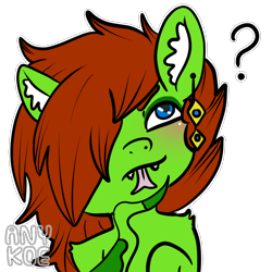 Size: 1024x1024 | Tagged: safe, artist:anykoe, oc, oc only, oc:anguis flake, lamia, original species, blue eyes, ear fluff, ear piercing, earring, emoji, emoticon, forked tongue, green skin, jewelry, piercing, question mark, red hair, simple background, solo, tail, tail hand, thinking, tongue out, transparent background, watermark, 🤔