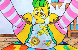 Size: 3193x2046 | Tagged: safe, artist:bitter sweetness, hitch trailblazer, earth pony, pony, g5, my little pony: a new generation, my little pony: make your mark, my little pony: tell your tale, abdl, adult foal, clothes, crib, decorated diaper, diaper, diaper fetish, fetish, grin, looking at you, male, non-baby in diaper, orange eyes, playmat, smiling, socks, stallion, striped socks, traditional art, wooden floor