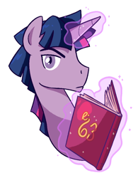 Size: 614x788 | Tagged: safe, artist:cookieboy011, twilight sparkle, pony, unicorn, g4, book, dusk shine, looking at you, magic, magic aura, male, rule 63, simple background, solo, white background