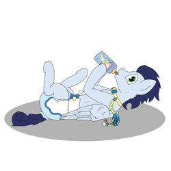 Size: 1280x1280 | Tagged: safe, artist:little-off-main, soarin', pony, g4, baby bottle, diaper, diaper fetish, fetish, lying down, male, non-baby in diaper, on back, simple background, solo, stallion, white background