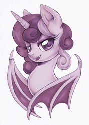 Size: 2016x2851 | Tagged: safe, artist:ailish, derpibooru exclusive, oc, oc only, oc:cinnamon music, alicorn, undead, vampire, vampony, bat wings, bust, commission, ears, fangs, horn, monochrome, solo, wings, ych result