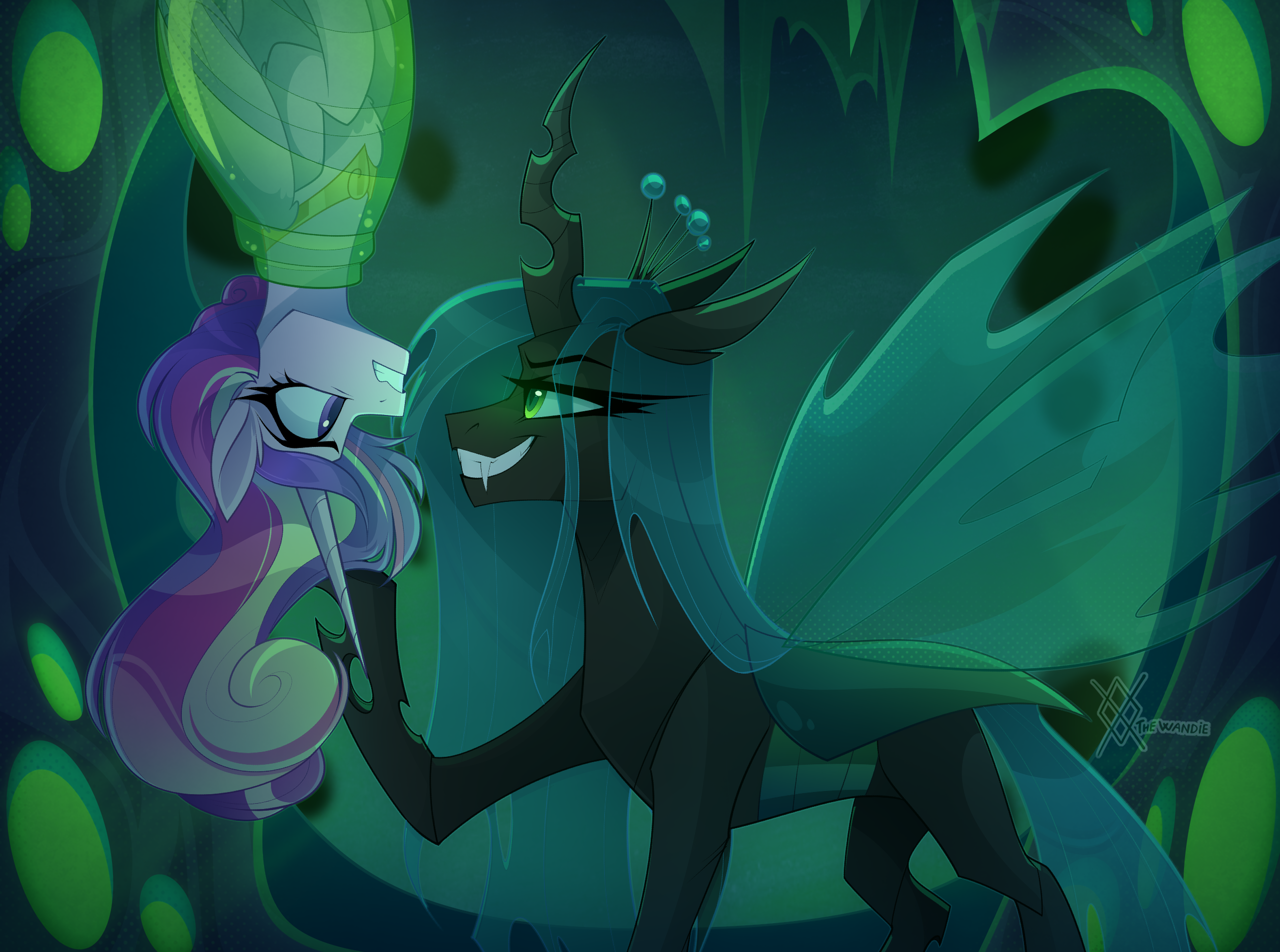 [alicorn,bondage,bound,changeling,changeling queen,cocoon,commission,crown,duo,encasement,evil grin,eyeshadow,fangs,female,g4,grin,hive,jewelry,makeup,mare,pony,princess cadance,queen chrysalis,raised hoof,safe,scared,slender,teeth,upside down,looking at each other,regalia,gritted teeth,duo female,changeling hive,thin,concave belly,smiling,ych result,looking at someone,artist:thewandie]