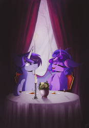 Size: 2083x3000 | Tagged: safe, artist:hagalazka, derpibooru exclusive, oc, oc only, oc:cinnamon music, oc:count patagium, undead, vampire, vampony, absurd file size, bat wings, candle, chair, date, duo, flower, food, high res, horn, lamppost, oc x oc, shipping, snow, table, vase, wings
