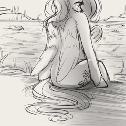 Size: 4000x4000 | Tagged: safe, artist:miokomata, fluttershy, pegasus, pony, semi-anthro, g4, butt, female, flutterbutt, grayscale, lake, mare, monochrome, plot, rear view, sitting, solo, water