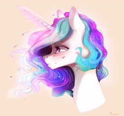 Size: 3444x3208 | Tagged: safe, artist:miokomata, princess celestia, alicorn, pony, g4, blush scribble, blushing, bust, female, heart, mare, portrait, profile, simple background, solo, yellow background