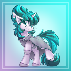 Size: 1000x1000 | Tagged: safe, artist:starcasteclipse, oc, oc only, pony, unicorn, cape, clothes, ear fluff, female, gradient background, mare, raised hoof, smiling, solo, sternocleidomastoid