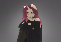 Size: 2027x1409 | Tagged: safe, artist:katputze, oc, oc only, oc:crimson sunset, unicorn, anthro, choker, clothes, dress, eye clipping through hair, eyebrows, eyebrows visible through hair, female, gradient background, jewelry, mare, necklace, off shoulder, solo