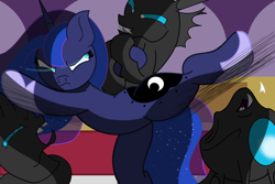 Size: 2220x1480 | Tagged: safe, artist:the lunar archer, princess luna, changeling, pony, a canterlot wedding, g4, my little pony: friendship is magic, angry, badass, broken teeth, clothes, female, fight, grin, kicking, mare, shoes, smiling, tooth