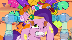 Size: 3072x1727 | Tagged: safe, screencap, pipp petals, pegasus, pony, g5, heavy is the mane that wears the fruit crown, my little pony: tell your tale, spoiler:g5, spoiler:my little pony: tell your tale, spoiler:tyts02e02, female, gritted teeth, mare, one eye closed, solo, teeth