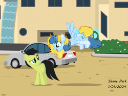 Size: 10431x7785 | Tagged: safe, artist:creedyboy124, oc, oc:brush prism, oc:sadie park, pegasus, g4, bush, car, duo, duo female, female, water, waterfall