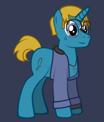Size: 480x560 | Tagged: safe, artist:j-yoshi64, oc, oc only, oc:j-pony64, human, pony, unicorn, animated, blonde hair, blue background, blue coat, clothes, cross, cross necklace, denim, denim jacket, front view, gif, glasses, hood, human in equestria, jacket, jewelry, long sleeves, male, necklace, ponified, rotation, self insert, show accurate, side view, simple background, solo, spinning, stallion, three quarter view, turnaround, vector, watch, wristwatch, you spin me right round