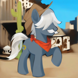 Size: 4096x4096 | Tagged: safe, ai assisted, ai content, artist:catachromatic, generator:pony diffusion v6 xl, generator:stable diffusion, saddle bags, earth pony, pony, g4, g4.5, my little pony: pony life, the great cowgirl hat robbery, bandana, cactus, cowboy hat, g4.5 to g4, generation leap, hair covering face, hat, male, outdoors, raised hoof, solo, stallion