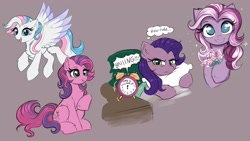 Size: 3840x2160 | Tagged: safe, artist:confetticakez, kimono, skywishes, star catcher, wysteria, earth pony, pegasus, pony, unicorn, g3, g4, alarm clock, annoyed, bed, brown background, clock, female, flower, g3 to g4, generation leap, in bed, looking at you, mare, simple background, sitting, smiling, smiling at you, spread wings, thought bubble, wings