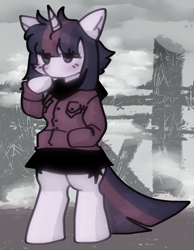 Size: 1400x1800 | Tagged: safe, artist:cutiesparke, twilight sparkle, unicorn, semi-anthro, g4, alternate hairstyle, blank expression, clothes, cloud, coat, ear fluff, empty eyes, female, fence, hand in pocket, hoodie, hoof over mouth, jacket, overcast, skirt, solo