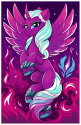 Size: 2650x4096 | Tagged: safe, artist:confetticakez, opaline arcana, alicorn, pony, g5, commission, female, fire, flying, looking at you, mare, smiling, smiling at you, solo, spread wings, unshorn fetlocks, wings, wip